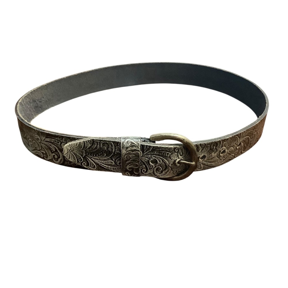 Western Floral Embossed Silver Leather Belt Solid Brass Buckle Large 0512
